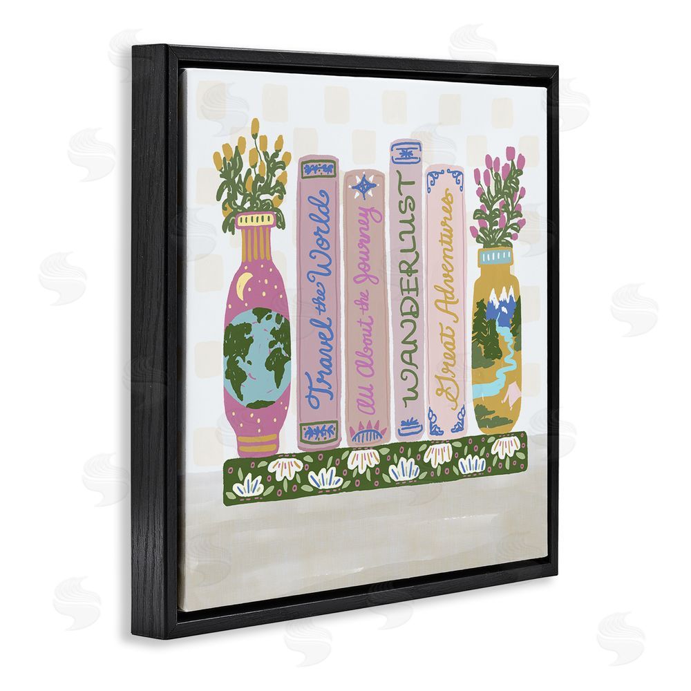 Connie Summers Boho Travel Books Shelf Black Floating Frame Canvas Wall Art Print