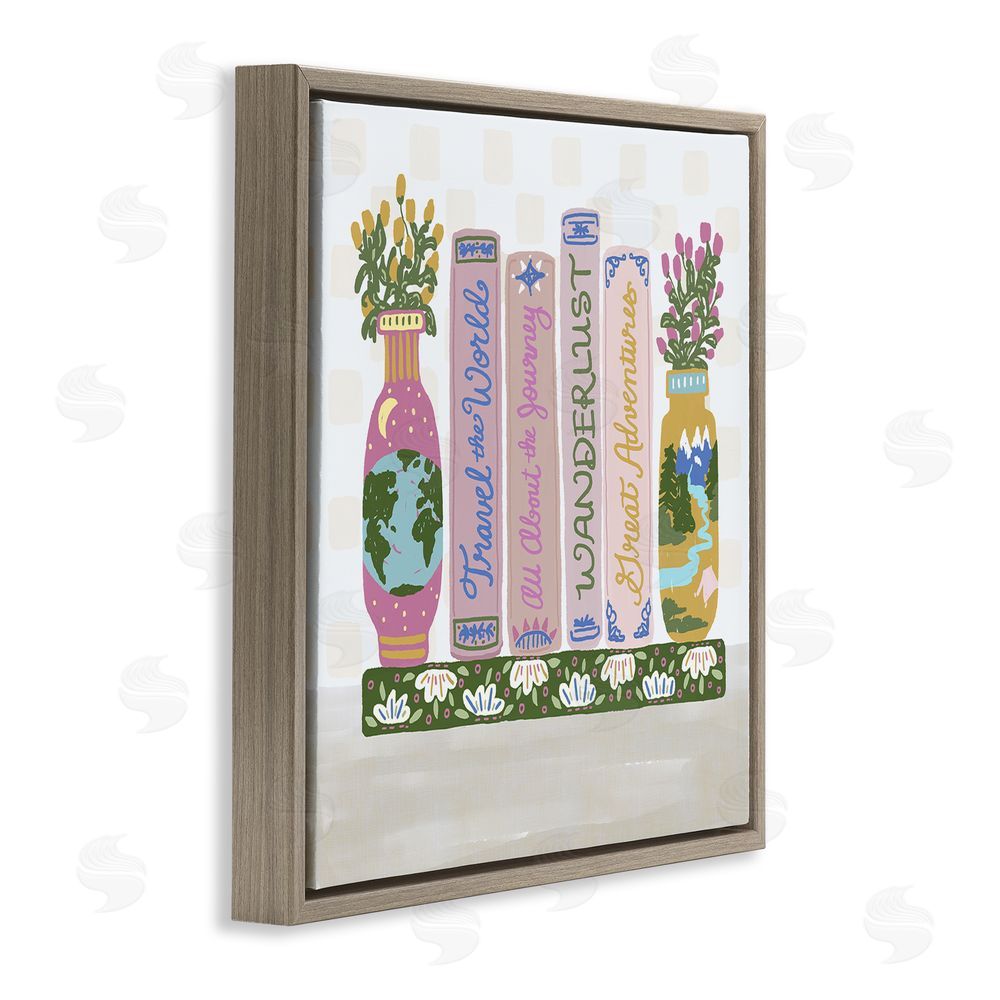 Connie Summers Boho Travel Books Shelf Brown Floating Frame Canvas Wall Art Print