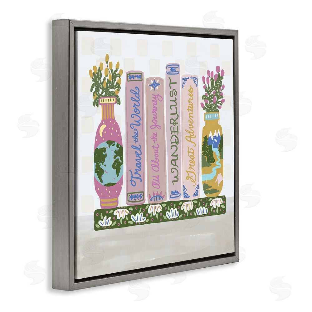 Connie Summers Boho Travel Books Shelf Gray Floating Frame Canvas Wall Art Print