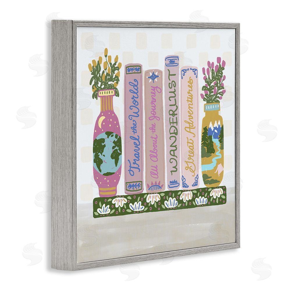Connie Summers Boho Travel Books Shelf Gray Framed Giclee Wall Art Print