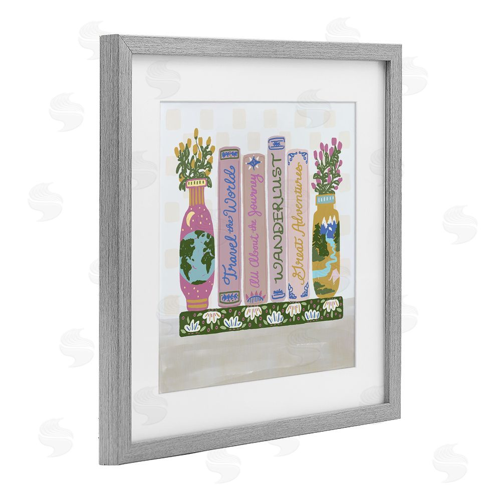 Connie Summers Boho Travel Books Shelf Gray Framed Print Under Glass Wall Art
