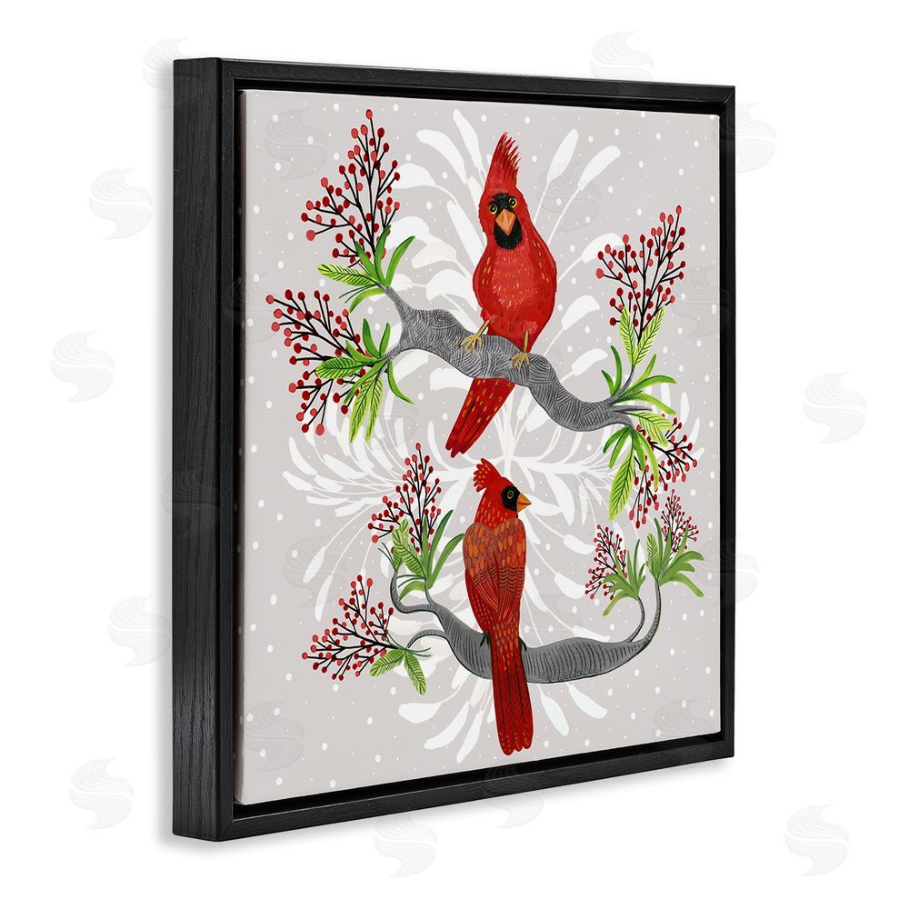 Kay Widdowson Christmas Birds with Berries Black Floating Frame Canvas Wall Art Print