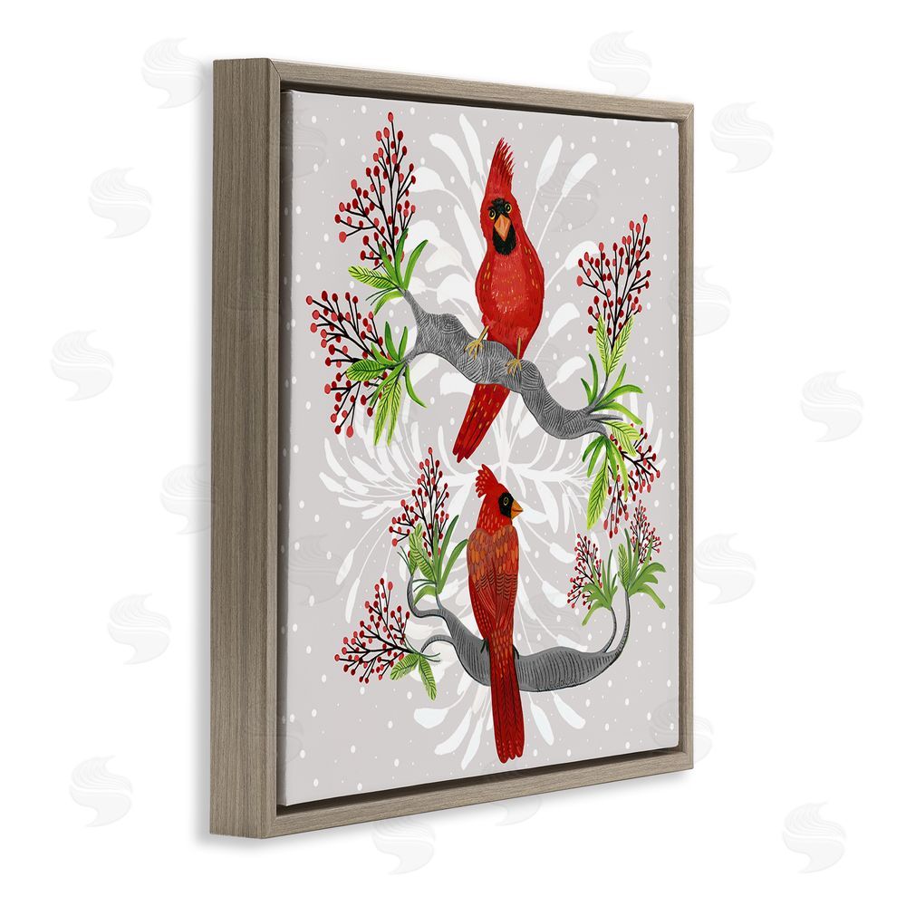 Kay Widdowson Christmas Birds with Berries Brown Floating Frame Canvas Wall Art Print