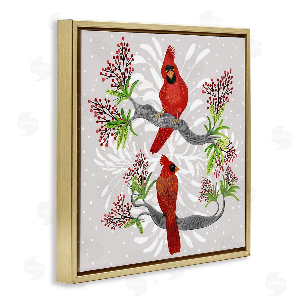 Kay Widdowson Christmas Birds with Berries Gold Floating Frame Canvas Wall Art Print