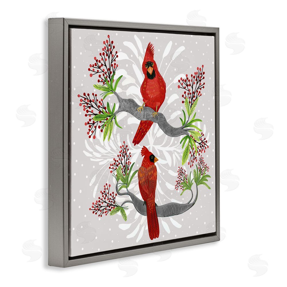 Kay Widdowson Christmas Birds with Berries Gray Floating Frame Canvas Wall Art Print
