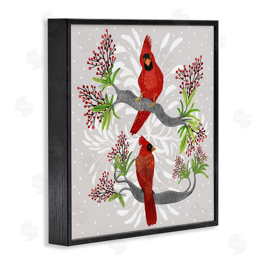 Kay Widdowson Christmas Birds with Berries Black Framed Giclee Wall Art Print