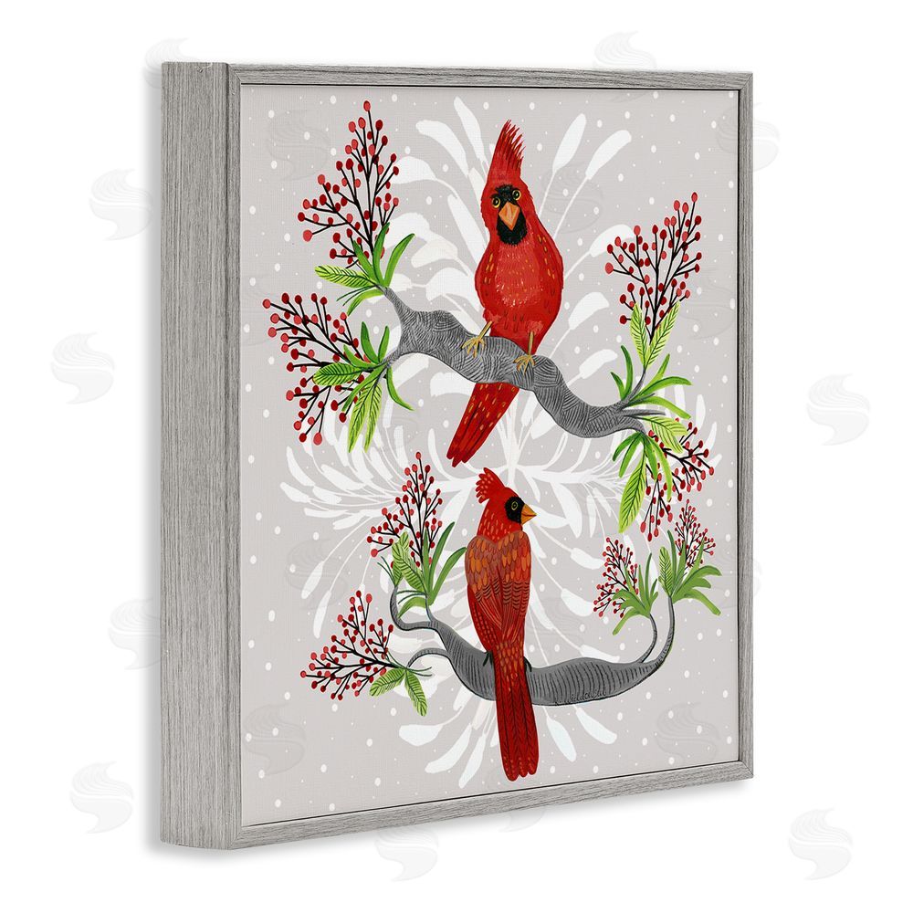 Kay Widdowson Christmas Birds with Berries Gray Framed Giclee Wall Art Print