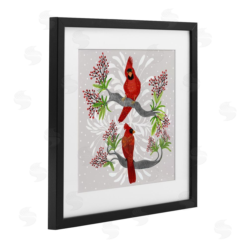 Kay Widdowson Christmas Birds with Berries Black Framed Print Under Glass with White Mat Wall Art
