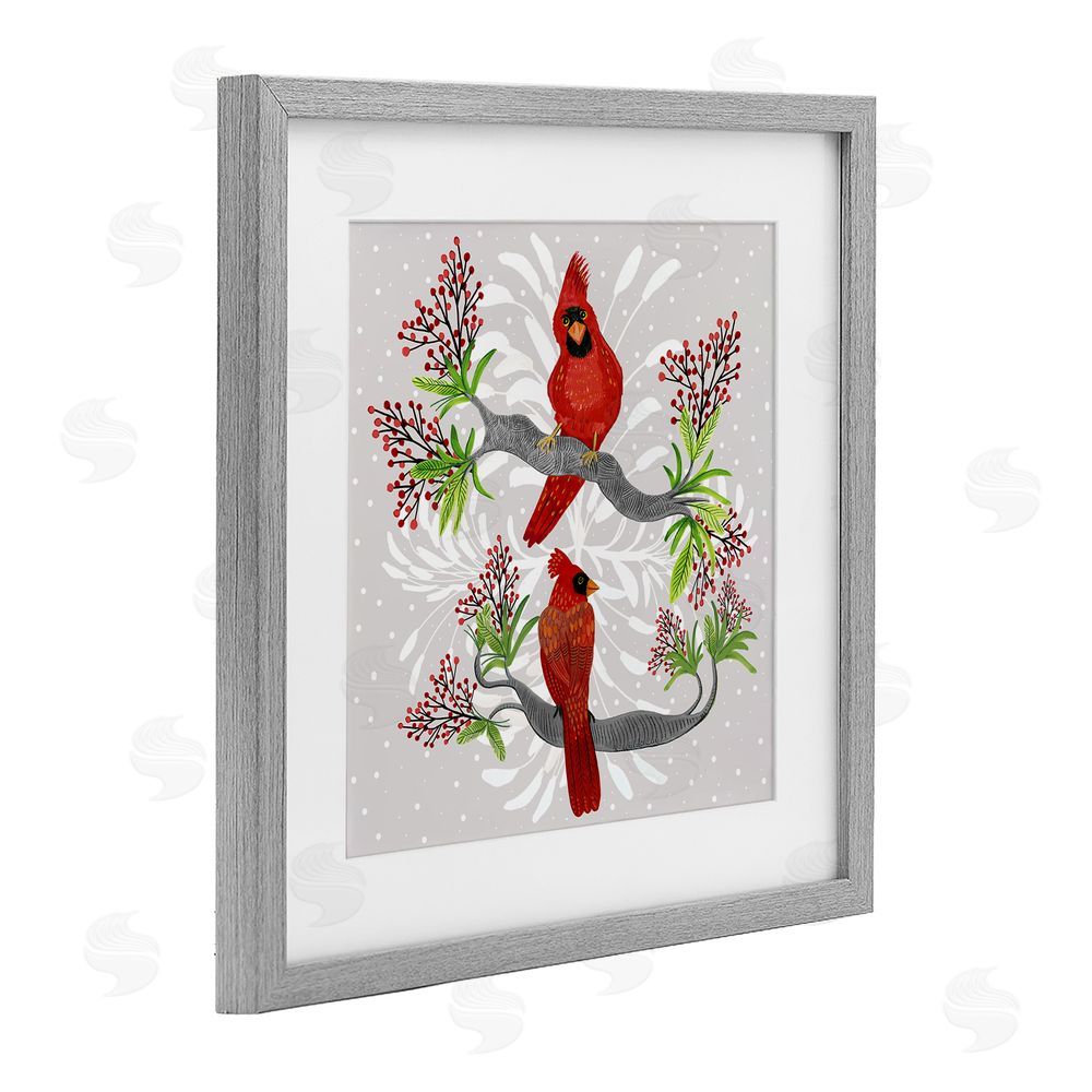 Kay Widdowson Christmas Birds with Berries Gray Framed Print Under Glass with White Mat Wall Art