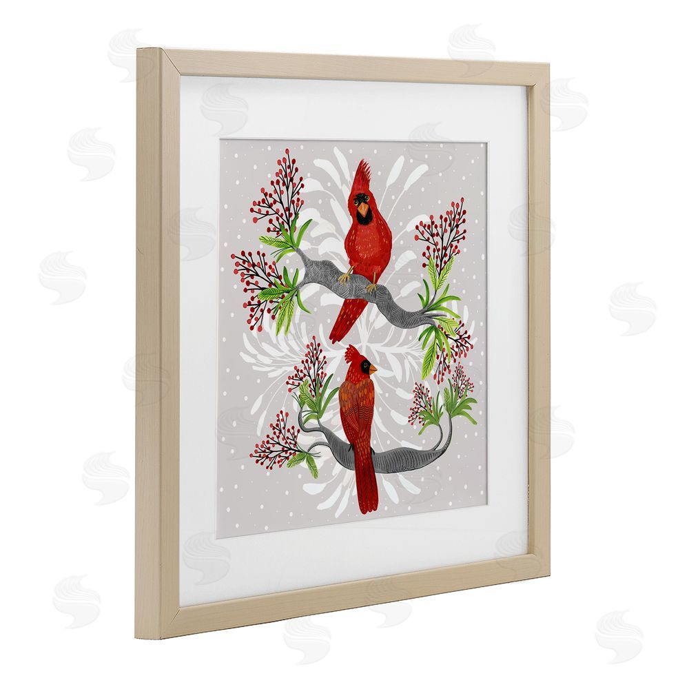 Kay Widdowson Christmas Birds with Berries Birch Framed Print Under Glass with White Mat Wall Art