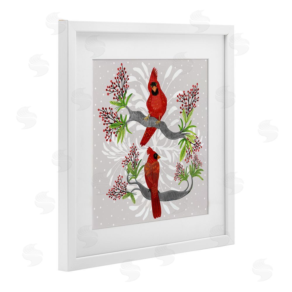 Kay Widdowson Christmas Birds with Berries White Framed Print Under Glass with Mat Wall Art
