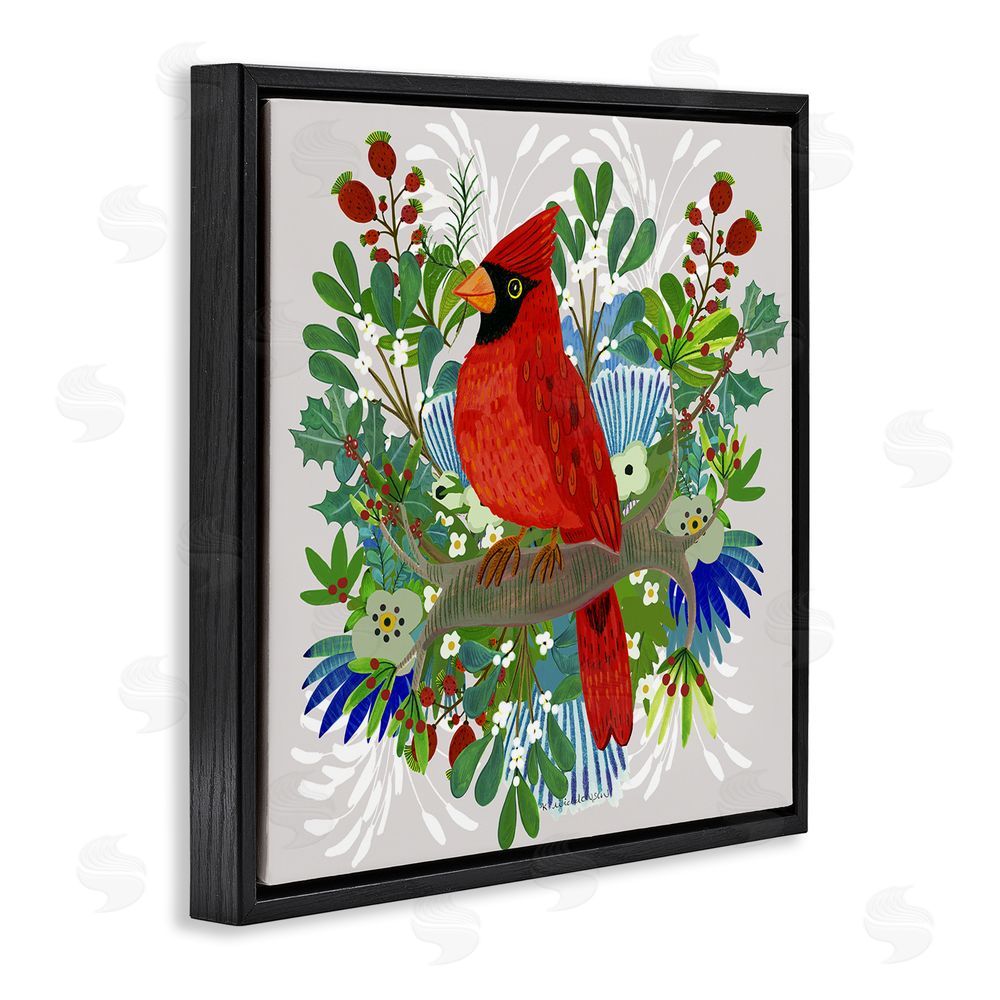 Kay Widdowson Christmas Nestings Cardinal Black Floating Frame Canvas Wall Art Print