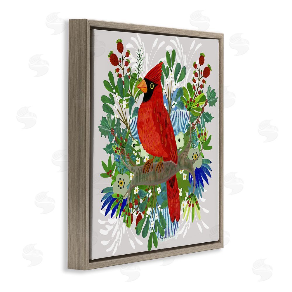 Kay Widdowson Christmas Nestings Cardinal Brown Floating Frame Canvas Wall Art Print