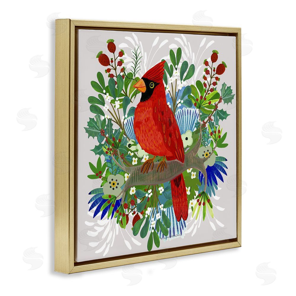 Kay Widdowson Christmas Nestings Cardinal Gold Floating Frame Canvas Wall Art Print