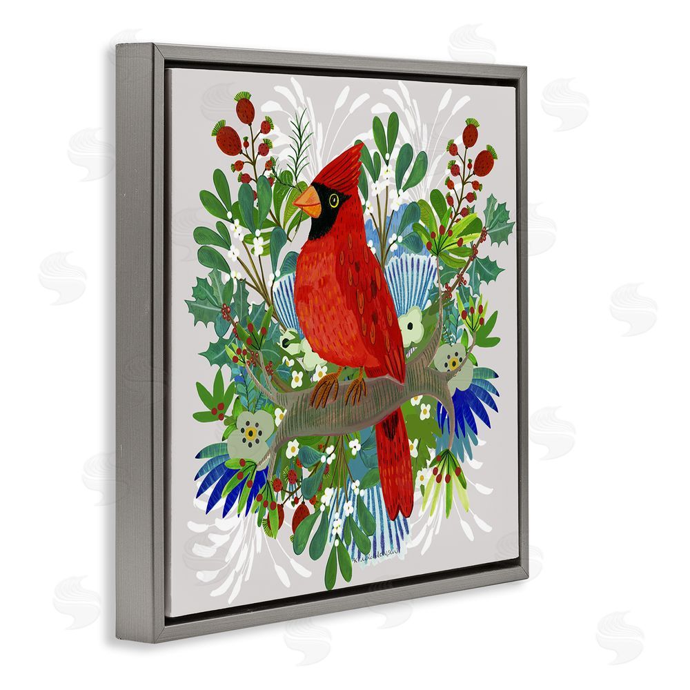 Kay Widdowson Christmas Nestings Cardinal Gray Floating Frame Canvas Wall Art Print