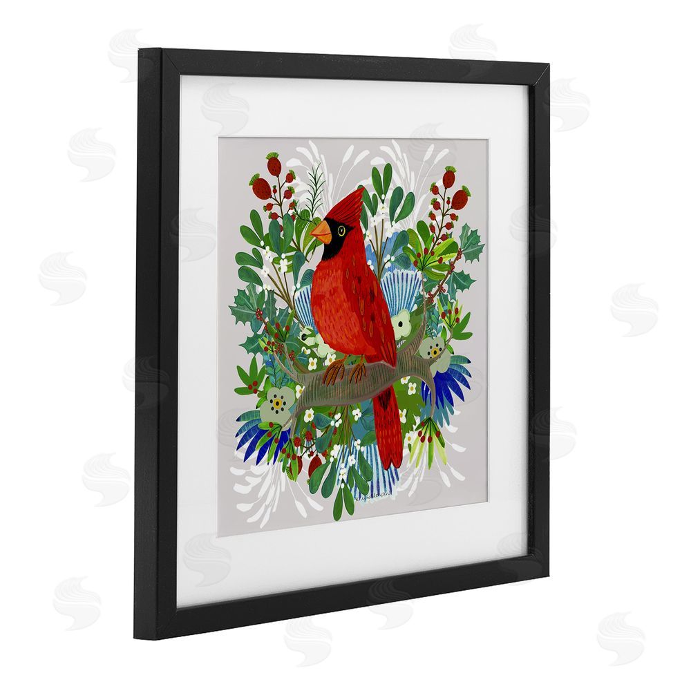 Kay Widdowson Christmas Nestings Cardinal Black Framed Print Under Glass with White Mat Wall Art
