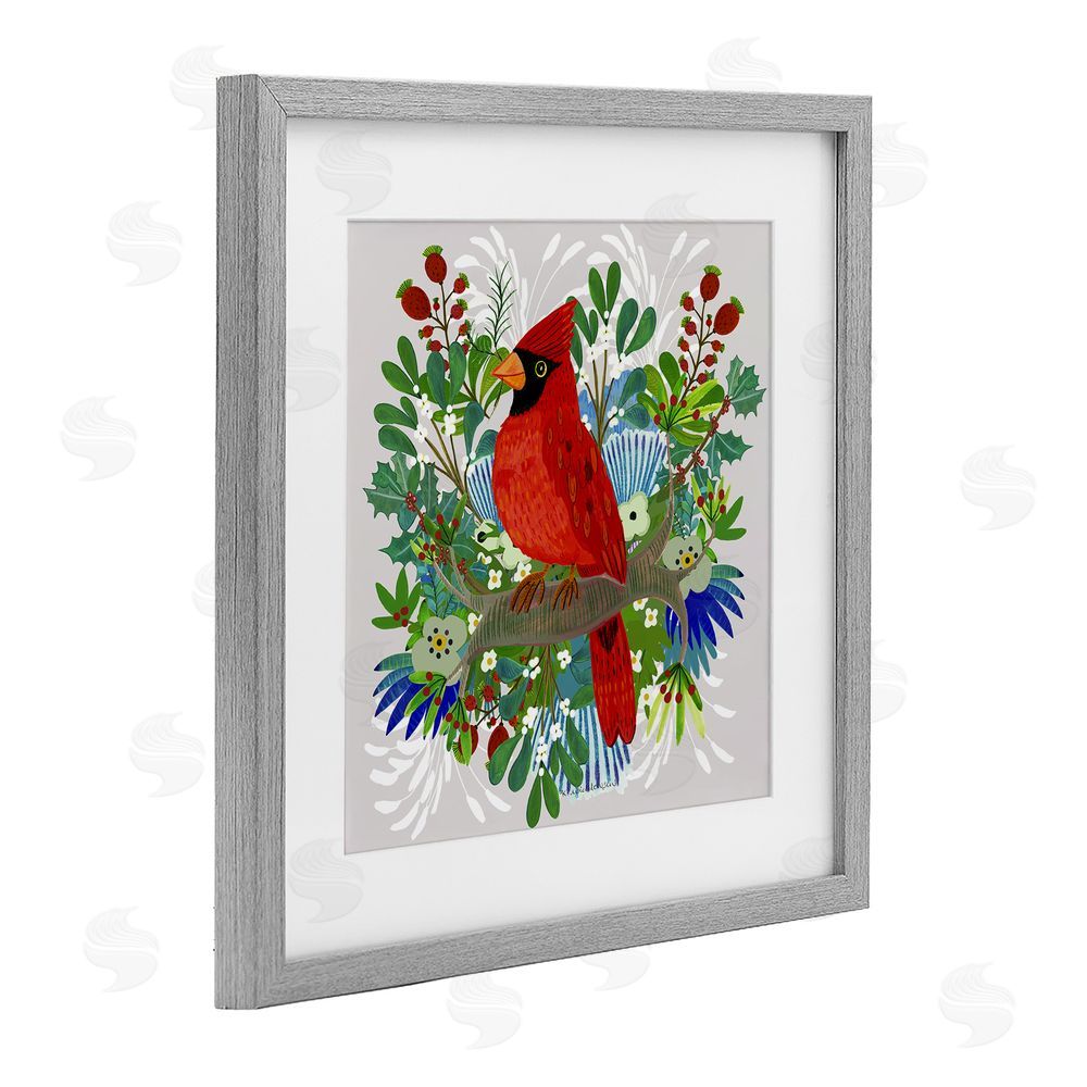 Kay Widdowson Christmas Nestings Cardinal Gray Framed Print Under Glass with White Mat Wall Art