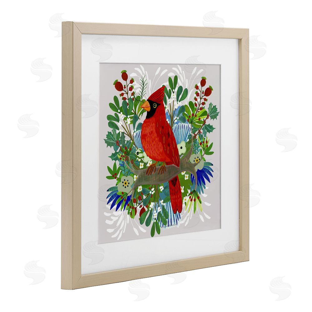 Kay Widdowson Christmas Nestings Cardinal Birch Framed Print Under Glass with White Mat Wall Art