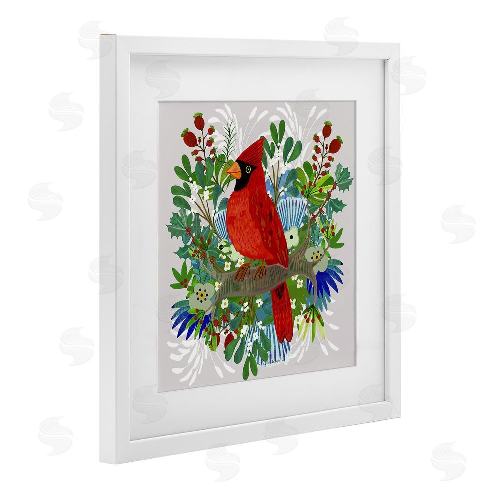 Kay Widdowson Christmas Nestings Cardinal White Framed Print Under Glass with Mat Wall Art