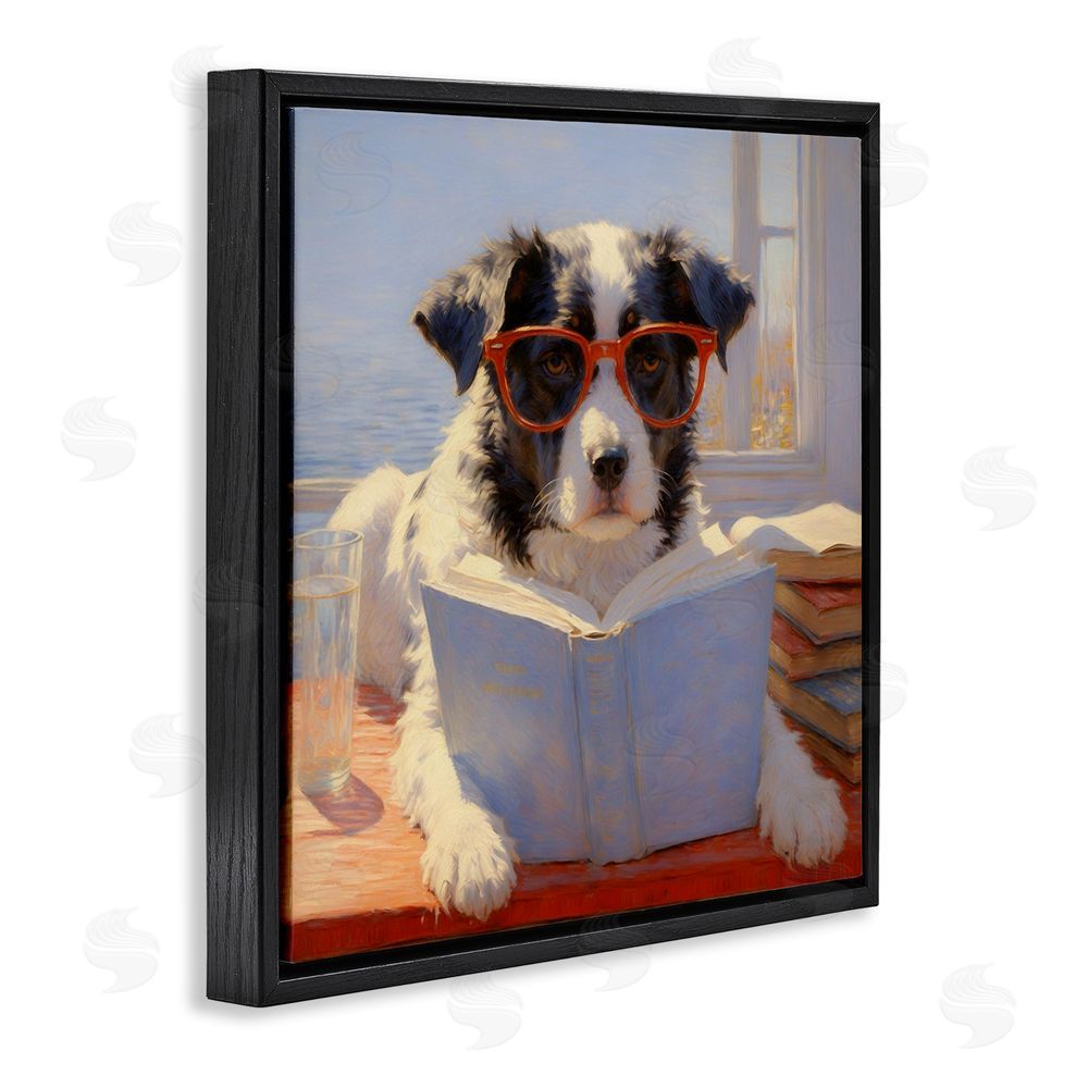 Angie Hawke Sunlit Dog Reading By Window Black Floating Framed Canvas Wall Art Print