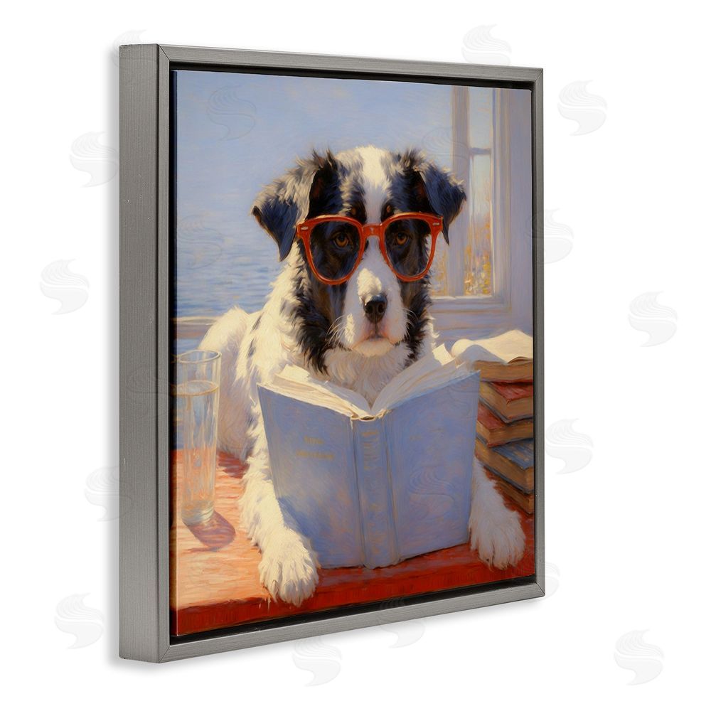 Angie Hawke Sunlit Dog Reading By Window Gray Floating Framed Canvas Wall Art Print