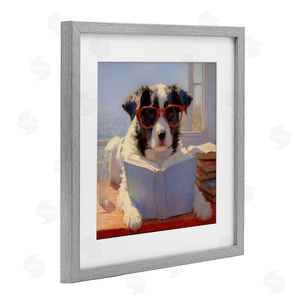 Angie Hawke Sunlit Dog Reading By Window Gray Framed Print Under Glass with White Mat Wall Art