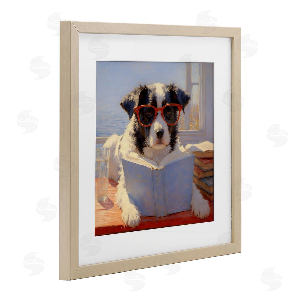 Angie Hawke Sunlit Dog Reading By Window Brown Framed Print Under Glass with White Mat Wall Art
