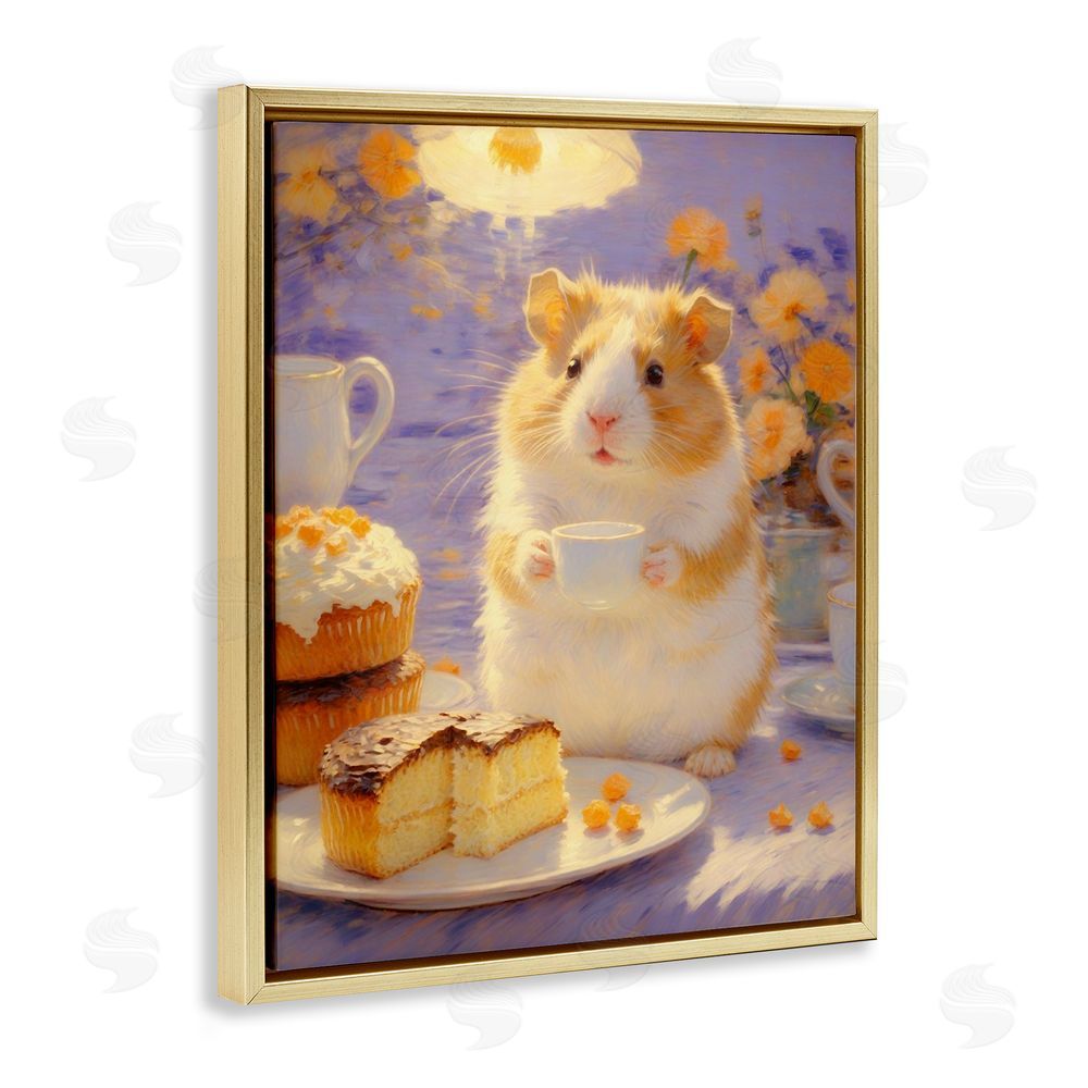 Angie Hawke Hamster Tea Party with Cake Gold Floating Framed Canvas Wall Art