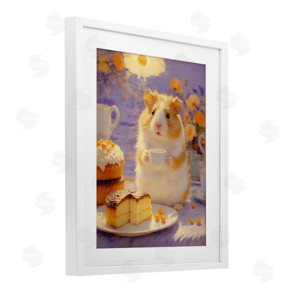 Angie Hawke Hamster Tea Party with Cake White Framed Print Under Glass Wall Art