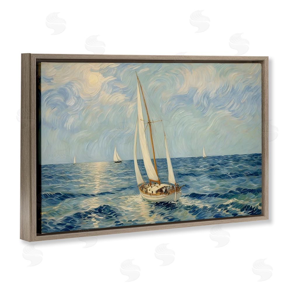 Angie Hawke Sailing Yacht on Blue Sea Brown Floating Framed Canvas Wall Art Print