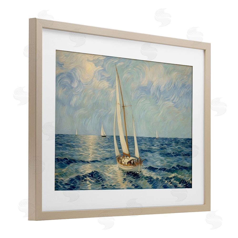 Angie Hawke Sailing Yacht on Blue Sea Brown Framed Print Under Glass with White Mat Wall Art