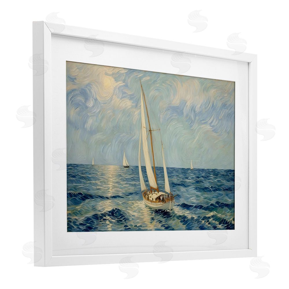 Angie Hawke Sailing Yacht on Blue Sea White Framed Print Under Glass with White Mat Wall Art