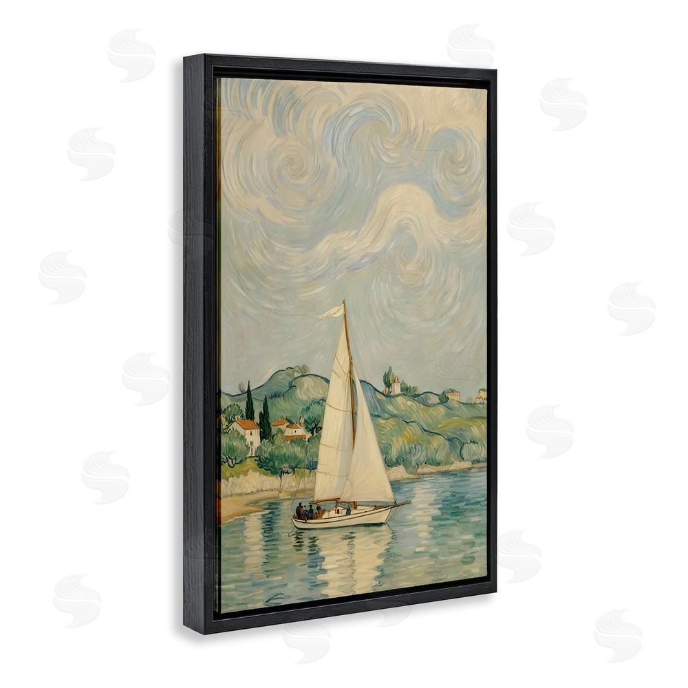 Angie Hawke Sailboat Beneath Swirling Clouds Black Floating Framed Canvas Wall Art Print
