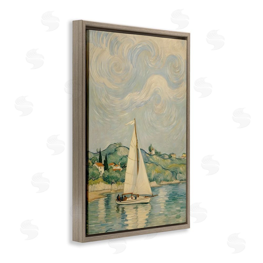 Angie Hawke Sailboat Beneath Swirling Clouds Brown Floating Framed Canvas Wall Art Print