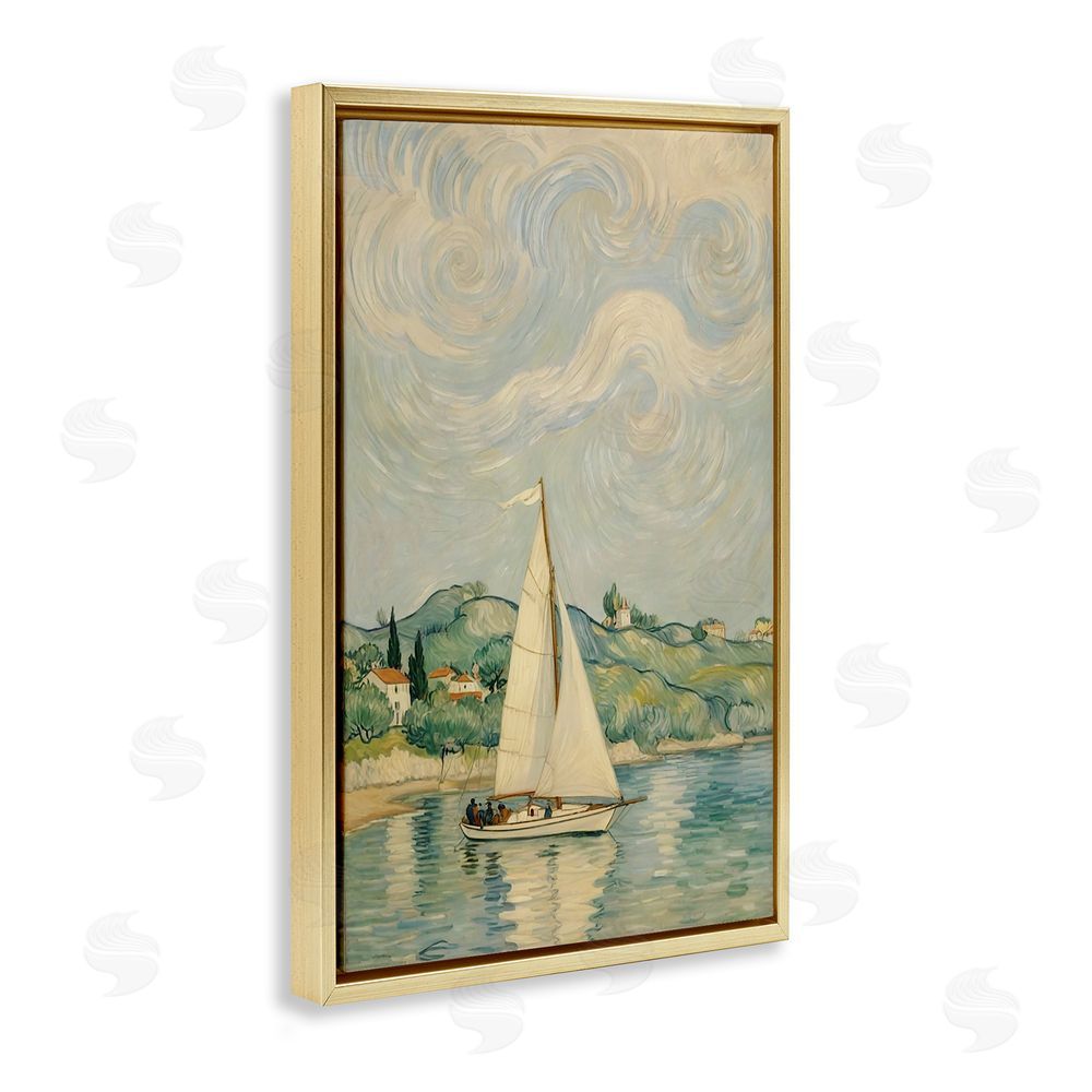 Angie Hawke Sailboat Beneath Swirling Clouds Gold Floating Framed Canvas Wall Art Print
