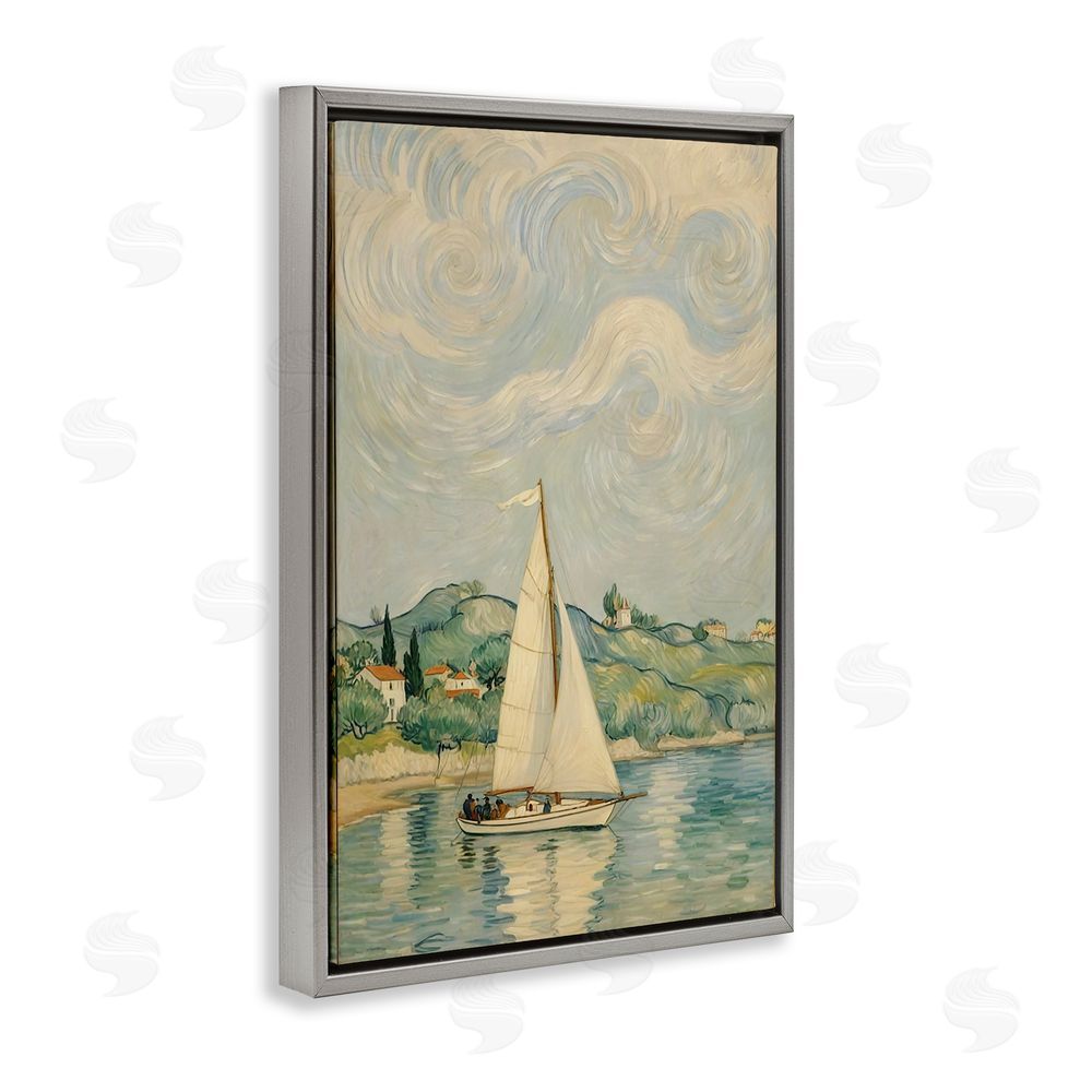 Angie Hawke Sailboat Beneath Swirling Clouds Gray Floating Framed Canvas Wall Art Print