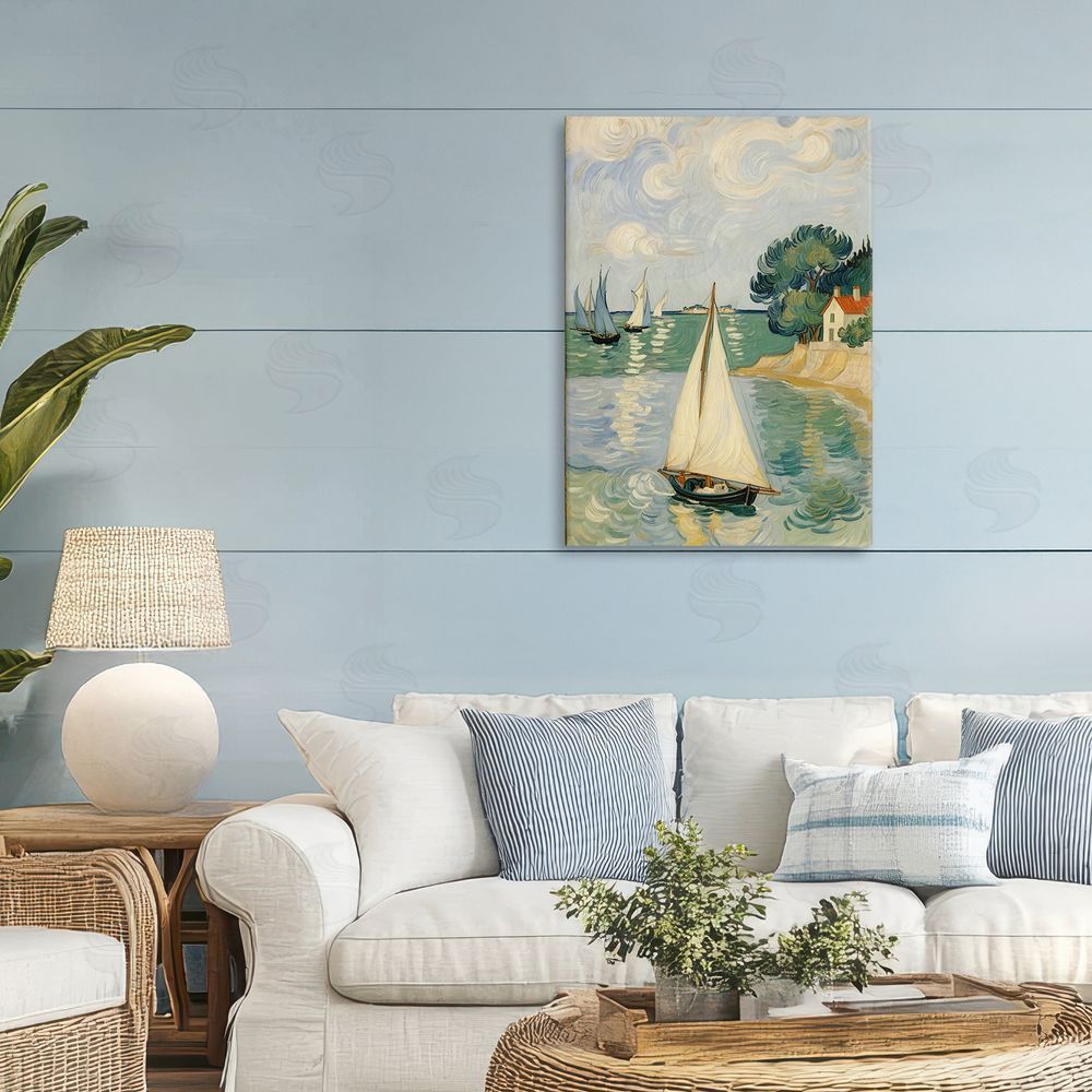 Angie Hawke Coastal Sailboats Under Swirling Clouds Stretched Canvas Wall Art in Room