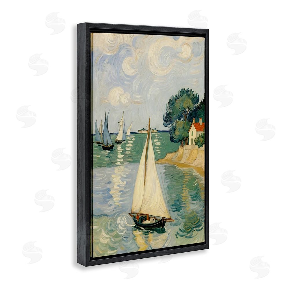 Angie Hawke Coastal Sailboats Under Swirling Clouds Black Floating Frame Canvas Wall Art Print