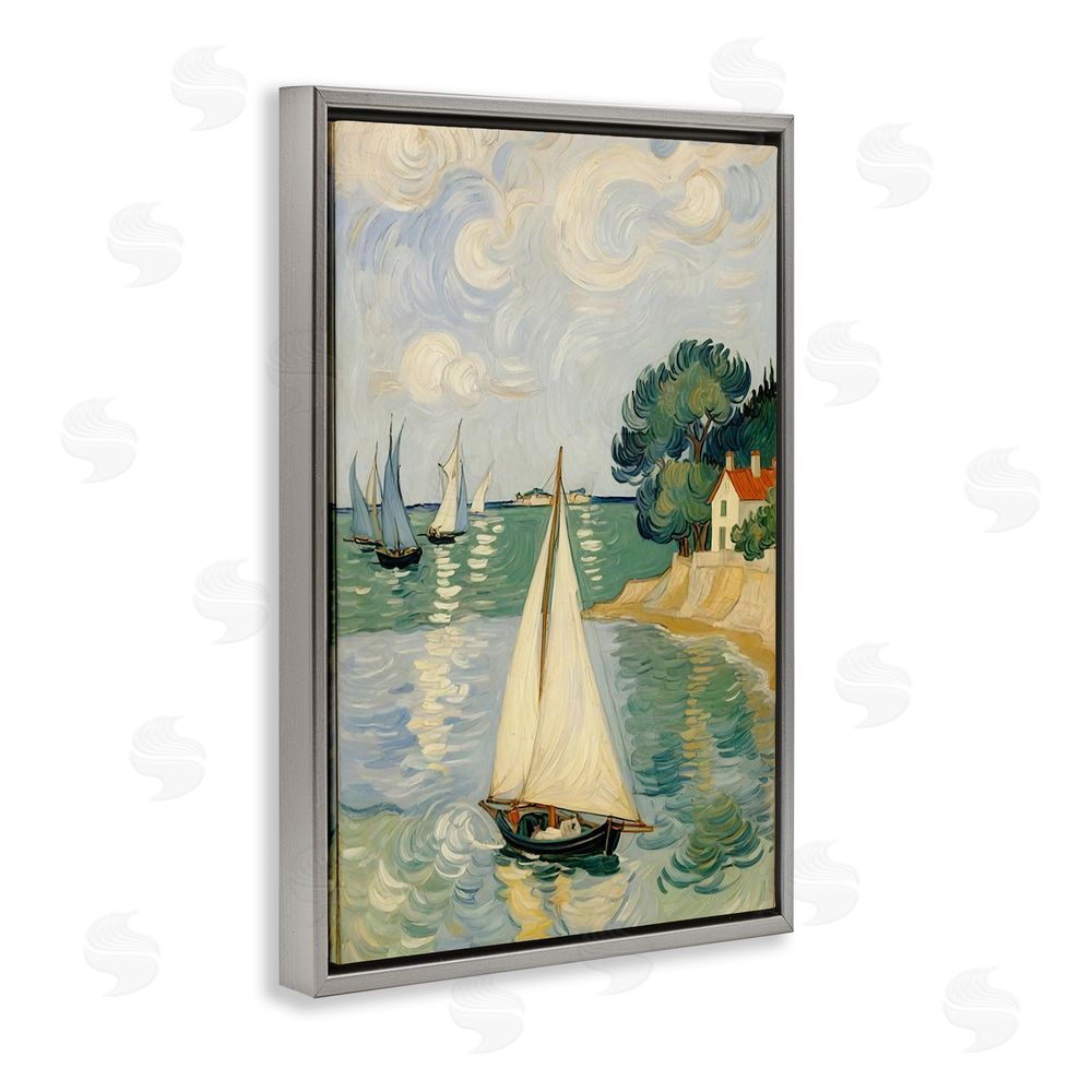 Angie Hawke Coastal Sailboats Under Swirling Clouds Gray Floating Frame Canvas Wall Art Print
