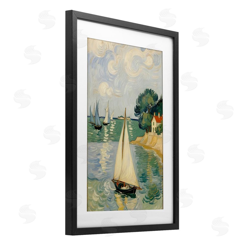 Angie Hawke Coastal Sailboats Under Swirling Clouds Black Framed Print Under Glass Wall Art