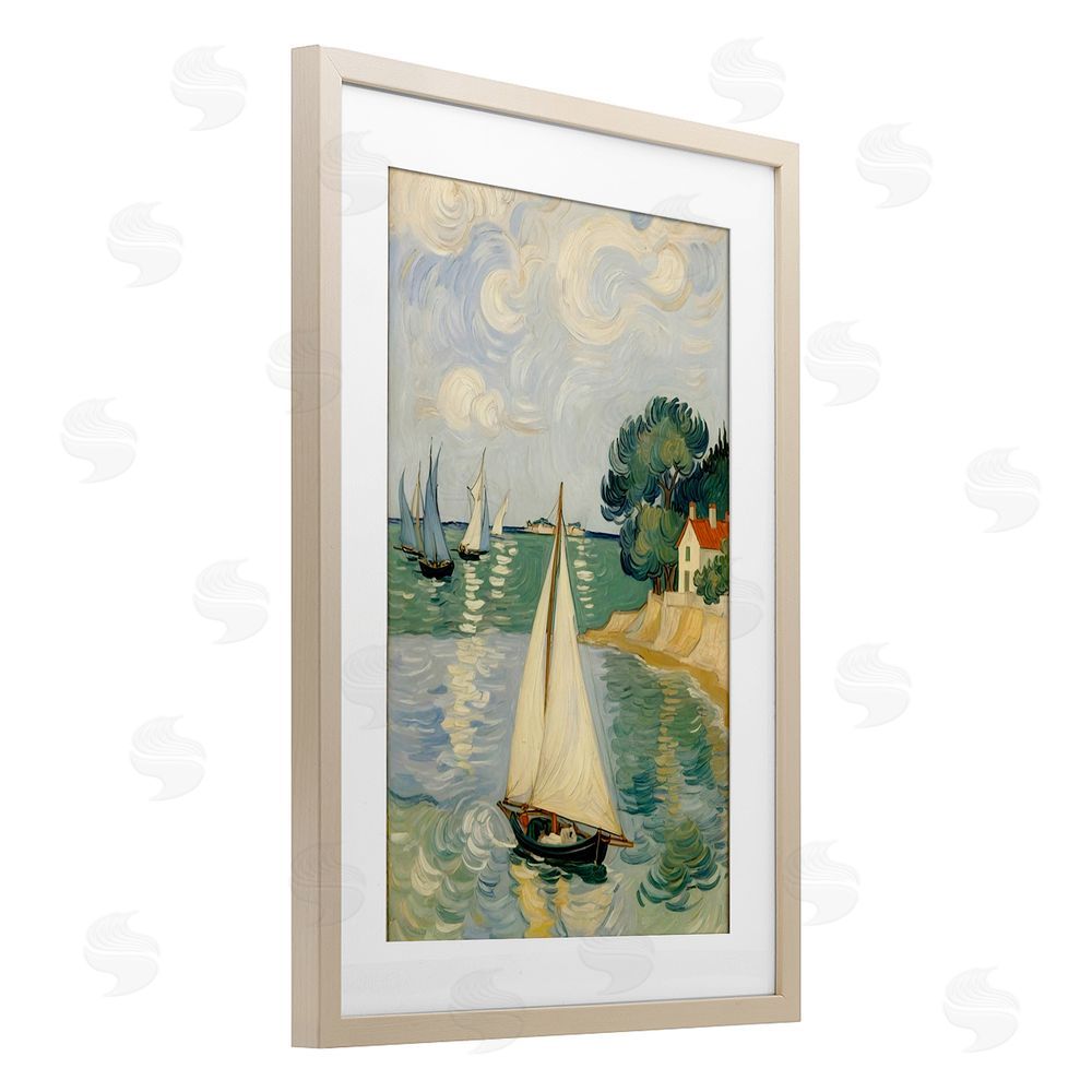 Angie Hawke Coastal Sailboats Under Swirling Clouds Brown Framed Print Under Glass Wall Art
