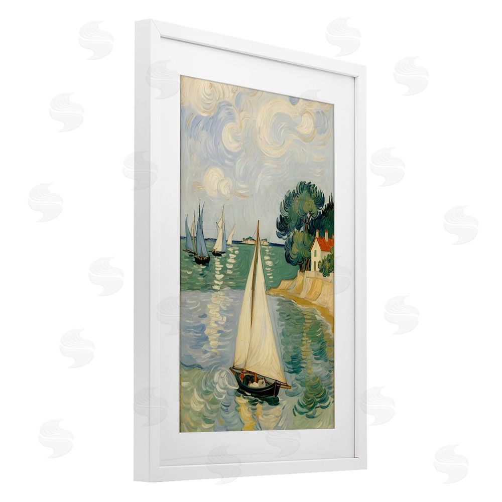 Angie Hawke Coastal Sailboats Under Swirling Clouds White Framed Print Under Glass Wall Art