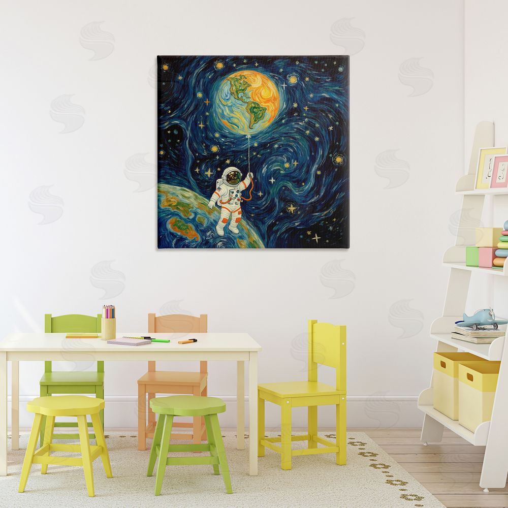 Angie Hawke Astronaut with Earth Balloon Stretched Canvas Wall Art Print in Room
