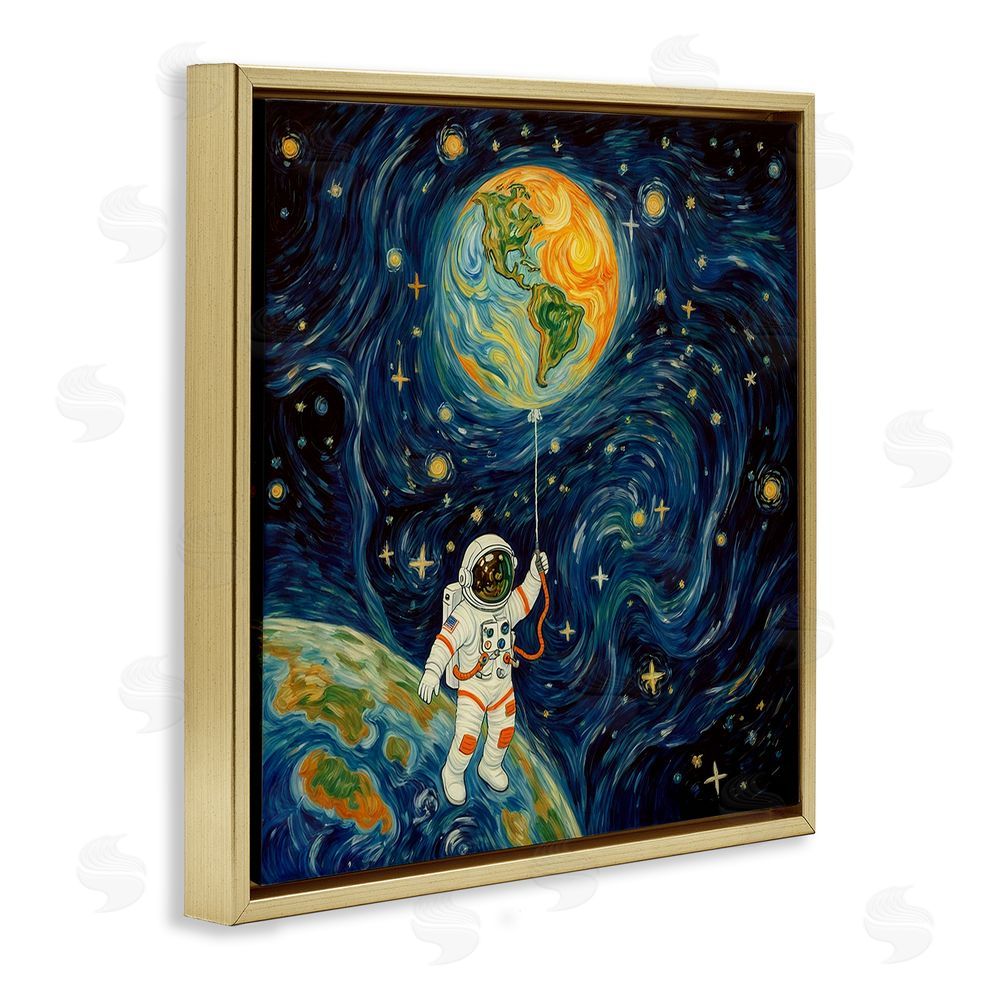 Angie Hawke Astronaut with Earth Balloon Gold Floating Frame Canvas Wall Art Print