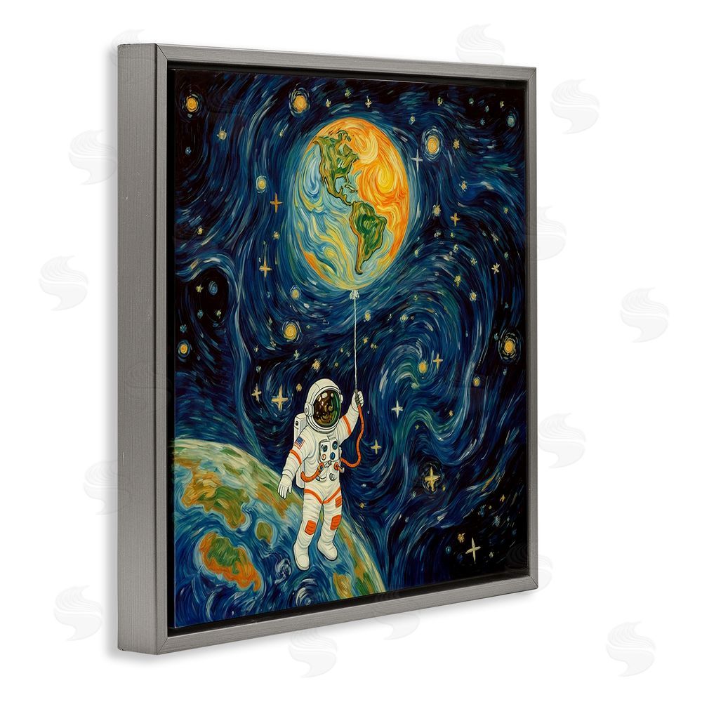 Angie Hawke Astronaut with Earth Balloon Gray Floating Frame Canvas Wall Art Print