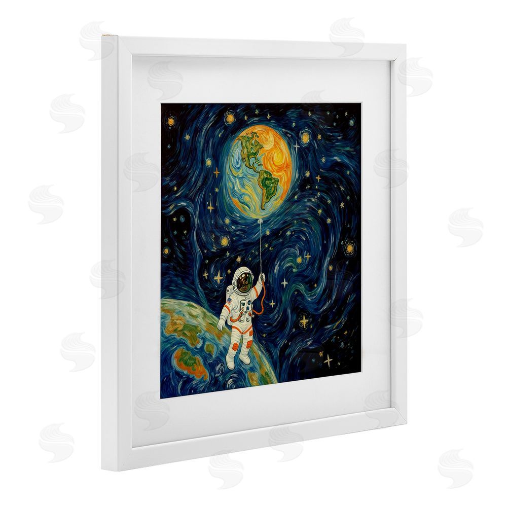 Angie Hawke Astronaut with Earth Balloon White Framed Print Under Glass Wall Art