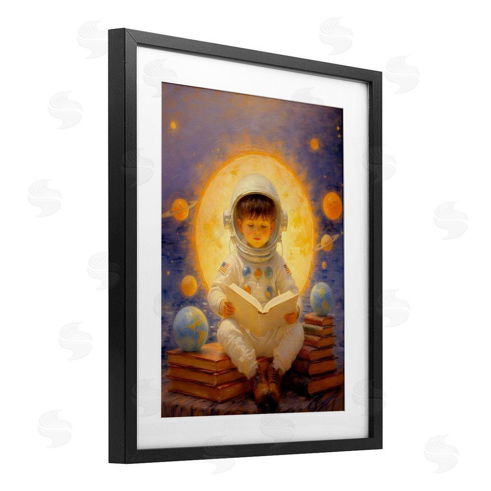 Angie Hawke Astronaut Child Learning Black Framed Print Under Glass Wall Art