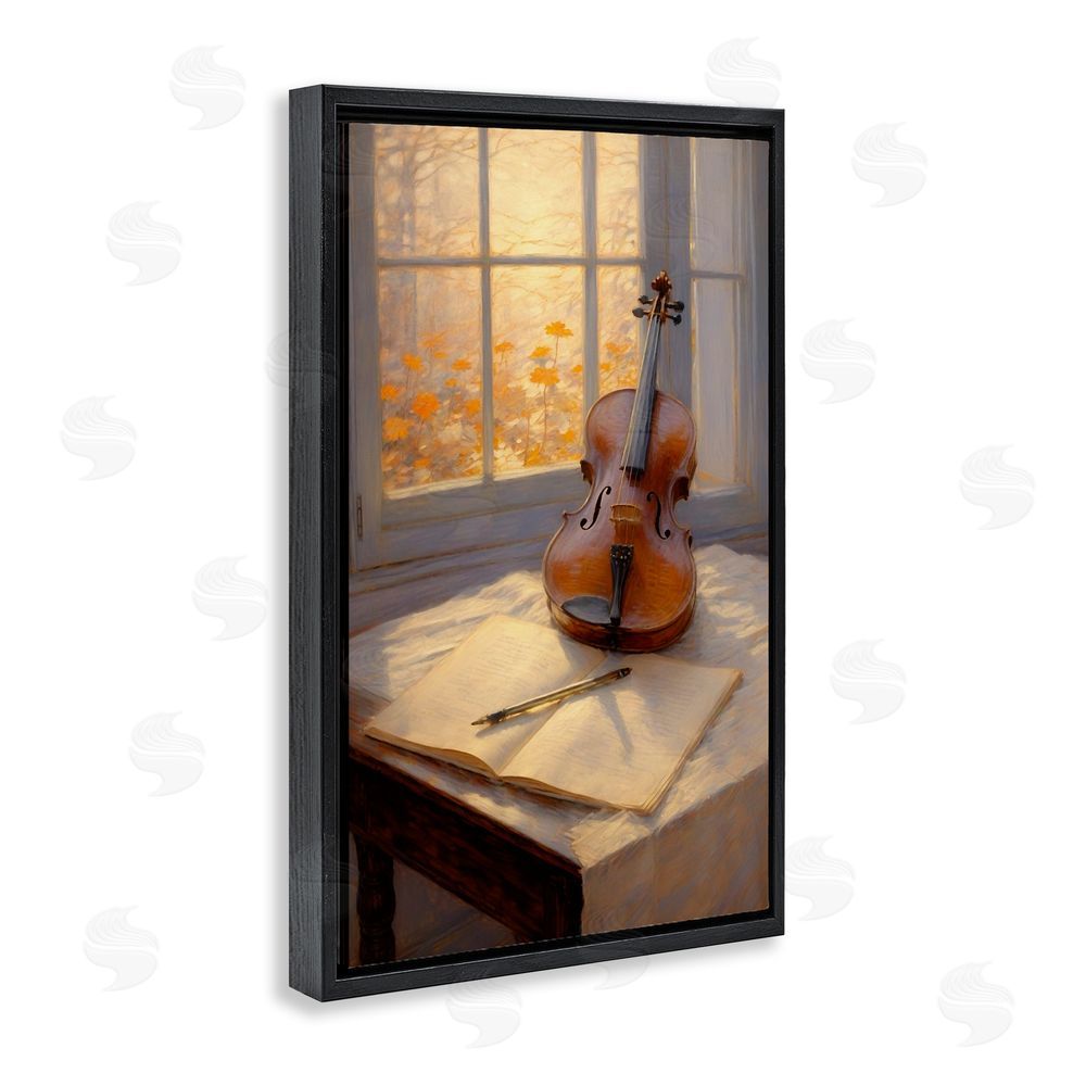 Angie Hawke Autumn Sunlit Violin Black Floating Frame Stretched Canvas Wall Art Print