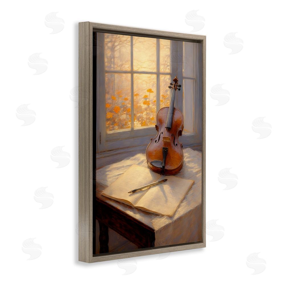 Angie Hawke Autumn Sunlit Violin Brown Floating Frame Stretched Canvas Wall Art Print