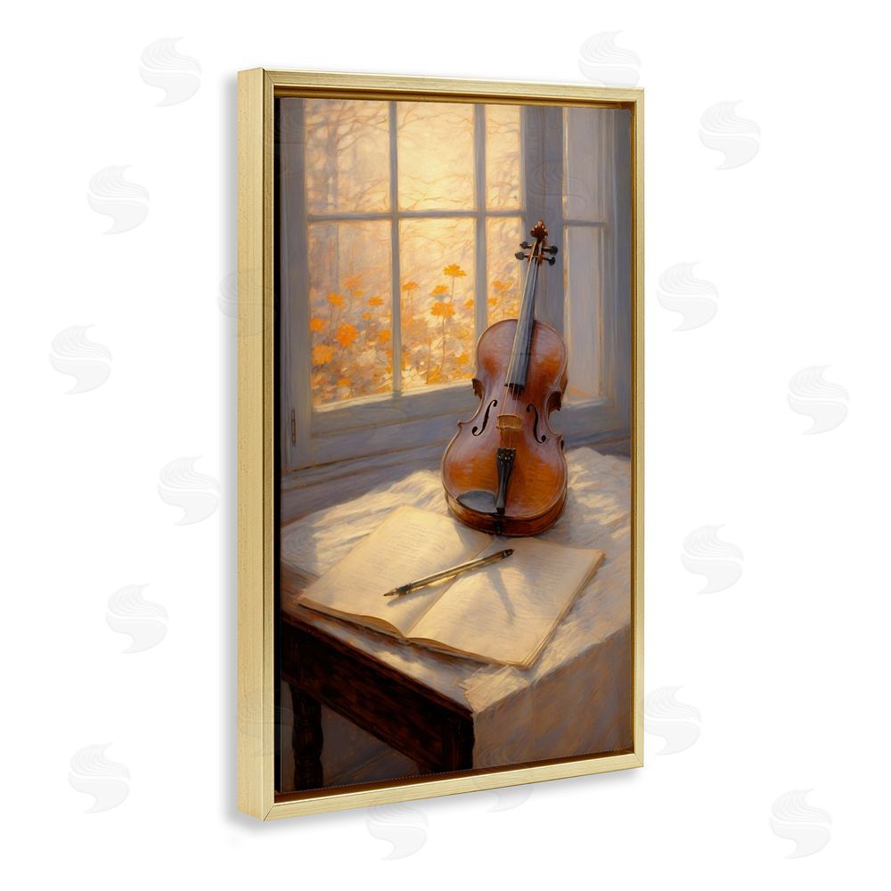 Angie Hawke Autumn Sunlit Violin Gold Floating Frame Stretched Canvas Wall Art Print
